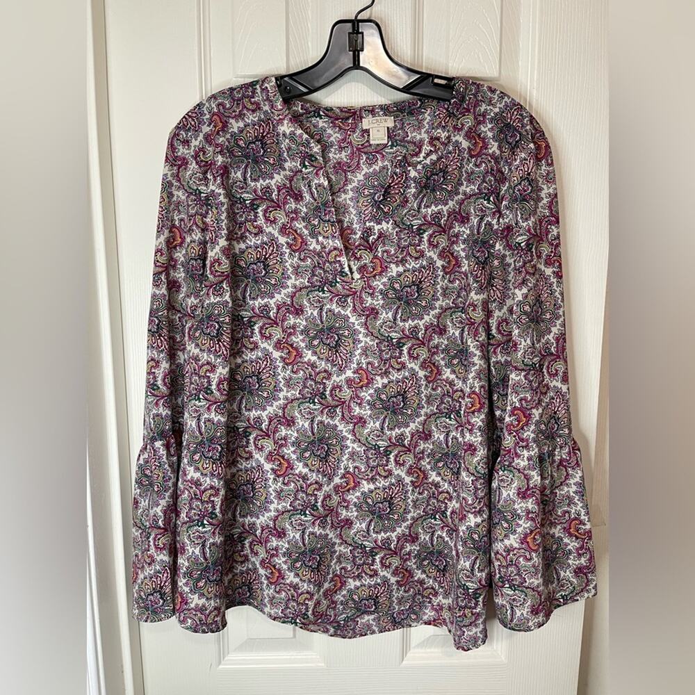 J Crew Purple Pink Colorful Preppy Paisley Boho V neck Bell Sleeve Shirt size XL